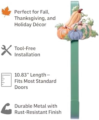 Fall Wreath Hanger for Front Door - 1236 Green Metal Hook with Pastel Pumpkin and Gourd Design