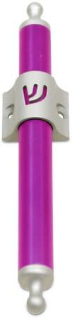 Modern Silver Cylinder Mezuzah with Shin in Purple
