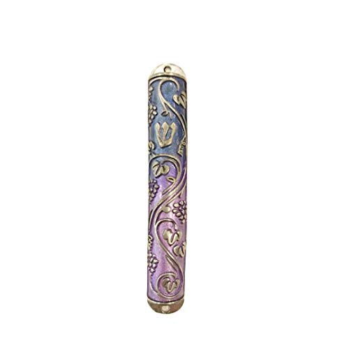 Light Blue Purple Pewter Mezuzah Case with Grapes Design