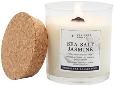 PERIPETI Home Sea Salt Jasmine Candle - 85oz Soy Wax Jar with Wooden Wick