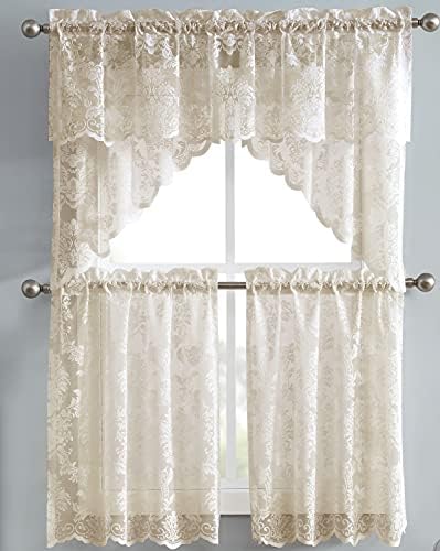 Pair of 2 30x38 Inch Golden Linen Lace Kitchen Swag Curtains with Flower Embroidery