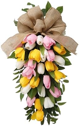 26 Inch Artificial Tulips Teardrop Swag with Burlap Bow