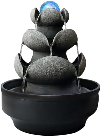 Lotus Stone Tabletop Fountain with LED Light and Spinning Ball