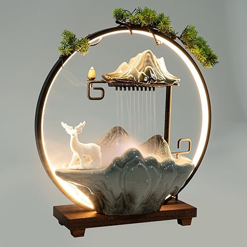 Ceramic Tabletop Water Fountain with Incense Holder and LED Light