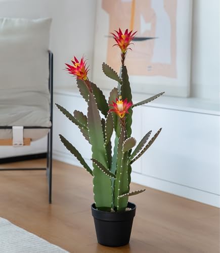 33 Inch Artificial Cactus with Magenta Flowers in Pot