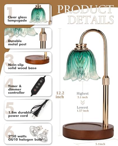 Gold Candle Lamp Warmer with Timer and Dimmer 2 Bulbs Adjustable Height