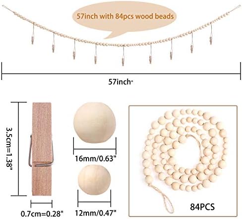 2PCS Wall Hanging Photo Display with Wooden Beads Garland and 9 Wood Clips