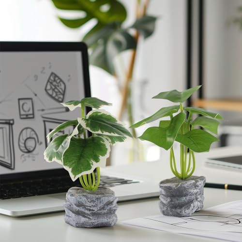 4Pcs Artificial Plants Mini Potted Lifelike Faux Greenery Cement Vase Decor