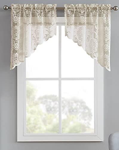 Pair of 2 30x38 Inch Golden Linen Lace Kitchen Swag Curtains with Flower Embroidery