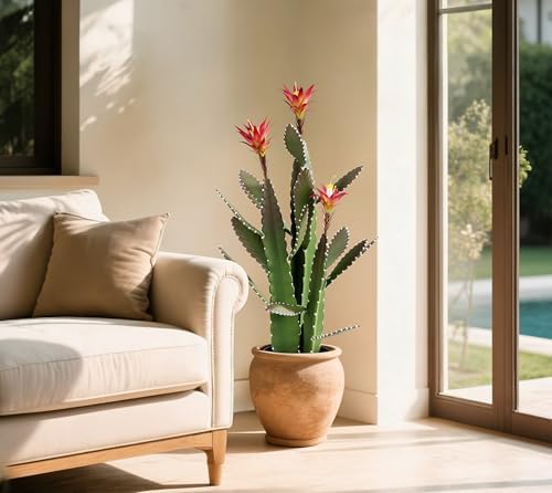 33 Inch Artificial Cactus with Magenta Flowers in Pot