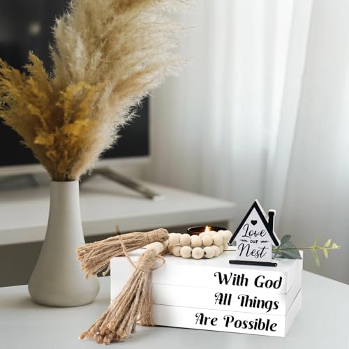 Rustic Farmhouse Decorative Books Set with Tassels and Leaves
