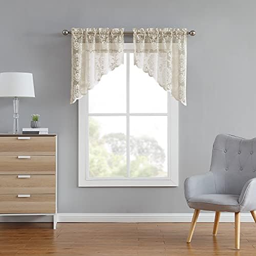 Pair of 2 30x38 Inch Golden Linen Lace Kitchen Swag Curtains with Flower Embroidery