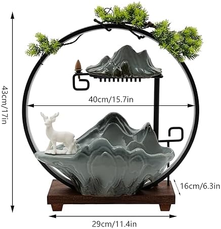 Ceramic Tabletop Water Fountain with Incense Holder and LED Light