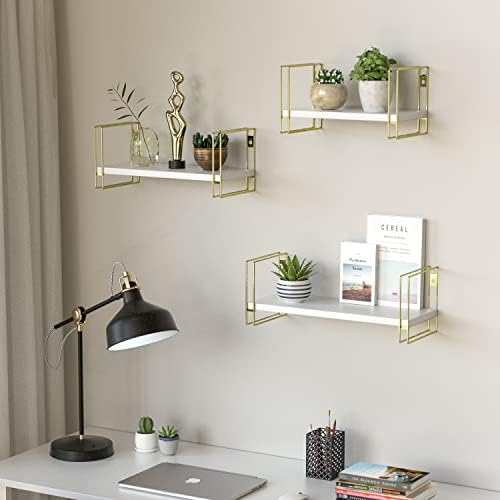 3 Piece White Floating Shelves with Gold Frames for Home