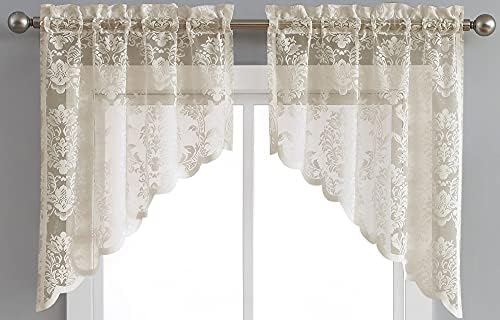 Pair of 2 30x38 Inch Golden Linen Lace Kitchen Swag Curtains with Flower Embroidery