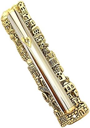 Peer Hastam Metal Mezuzah Case with Gold Shin and Jerusalem Design