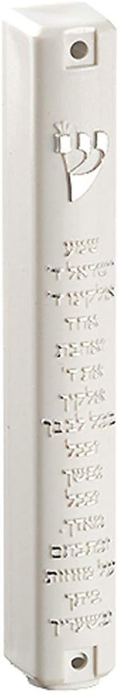 White Plastic Mezuzah Case with Silver Shema Yisrael