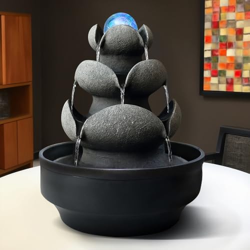 Lotus Stone Tabletop Fountain with LED Light and Spinning Ball