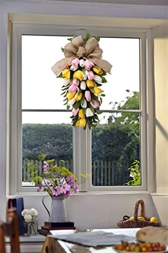 26 Inch Artificial Tulips Teardrop Swag with Burlap Bow