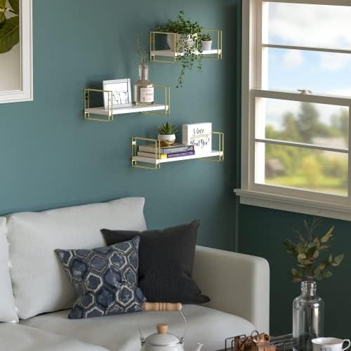 3 Piece White Floating Shelves with Gold Frames for Home