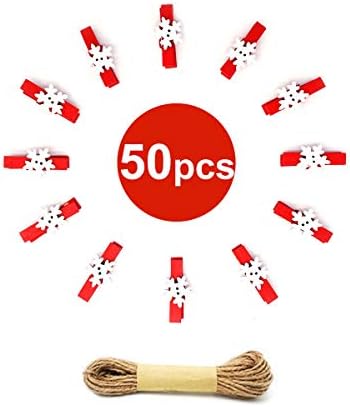 50PCS Christmas Wooden Photo Clips with Jute Twine for Cards and Crafts