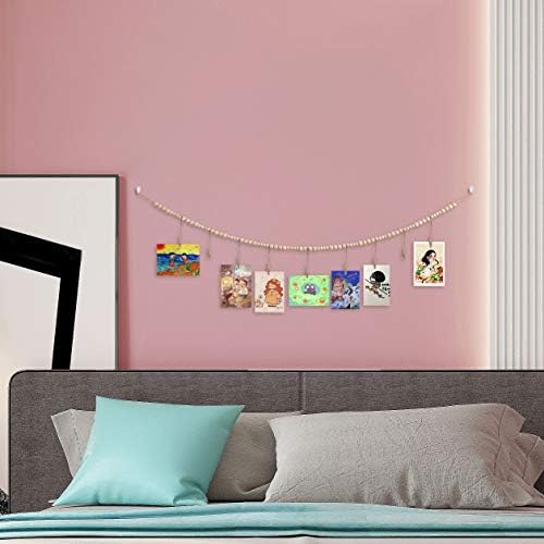 2PCS Wall Hanging Photo Display with Wooden Beads Garland and 9 Wood Clips