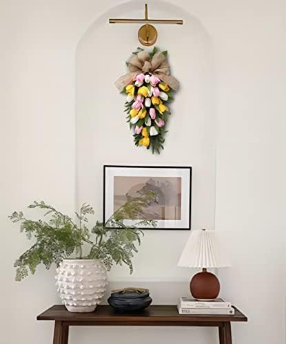 26 Inch Artificial Tulips Teardrop Swag with Burlap Bow