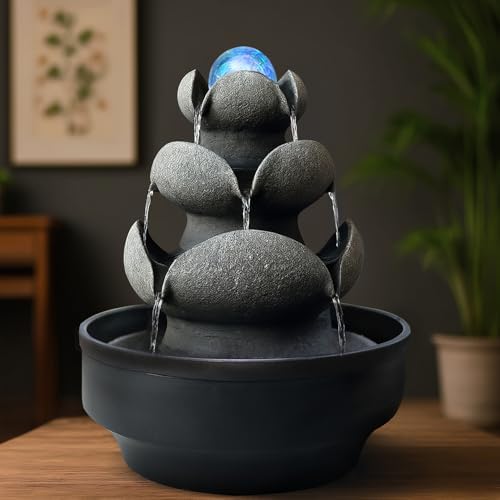 Lotus Stone Tabletop Fountain with LED Light and Spinning Ball