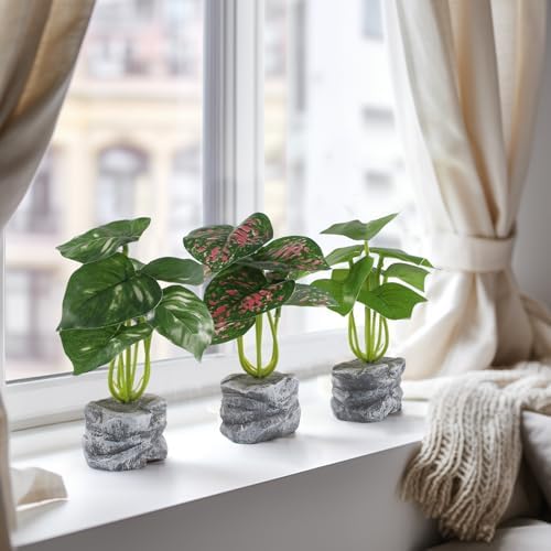 4Pcs Artificial Plants Mini Potted Lifelike Faux Greenery Cement Vase Decor