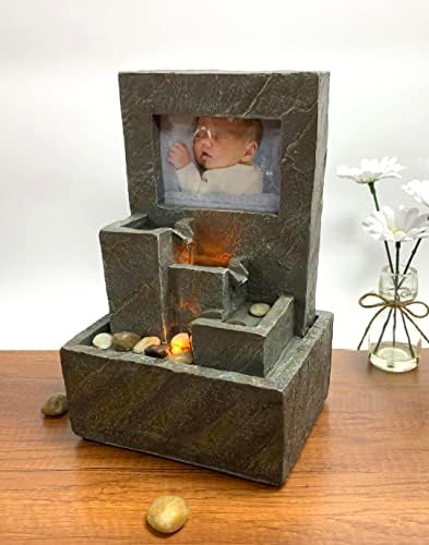 Natures Mark 11 Inch H Cascading Photo Frame Water Fountain with LED Lights and River Rocks