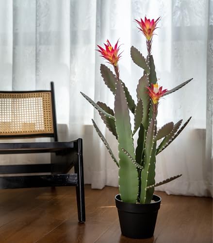 33 Inch Artificial Cactus with Magenta Flowers in Pot