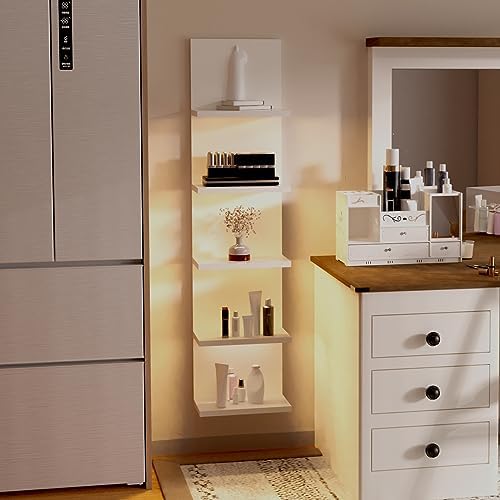 5 Tier Wall Shelf With Light White Modern Vertical Floating Shelves for Home Decor