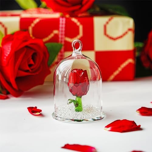 HD Crystal Rose Flower Figurine in Glass Dome