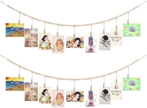 2PCS Wall Hanging Photo Display with Wooden Beads Garland and 9 Wood Clips