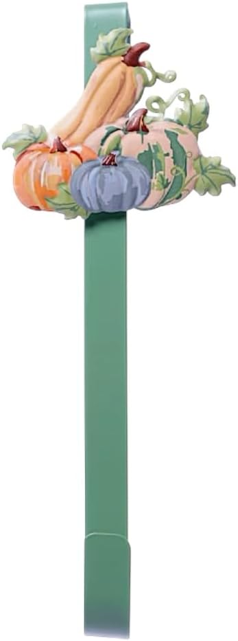 Fall Wreath Hanger for Front Door - 1236 Green Metal Hook with Pastel Pumpkin and Gourd Design