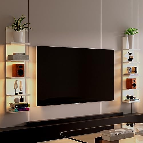 5 Tier Wall Shelf With Light White Modern Vertical Floating Shelves for Home Decor