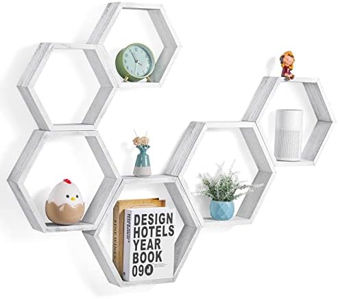 YBING Hexagon Floating Shelves Set of 6 Grey-White
