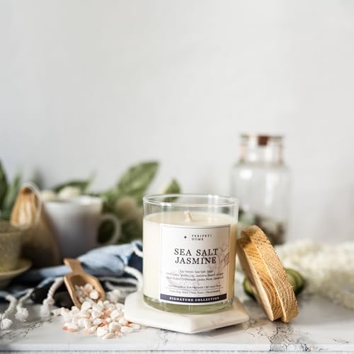 PERIPETI Home Sea Salt Jasmine Candle - 85oz Soy Wax Jar with Wooden Wick