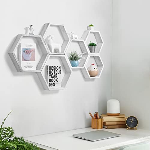 YBING Hexagon Floating Shelves Set of 6 Grey-White