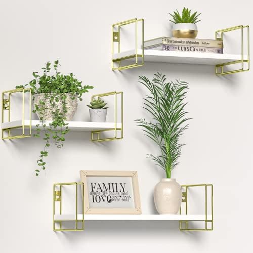 3 Piece White Floating Shelves with Gold Frames for Home
