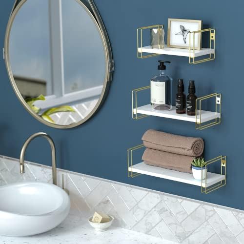 3 Piece White Floating Shelves with Gold Frames for Home