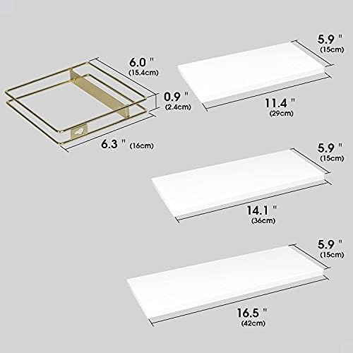 3 Piece White Floating Shelves with Gold Frames for Home