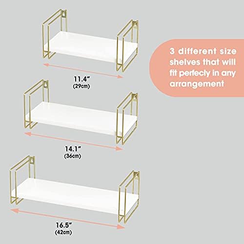 3 Piece White Floating Shelves with Gold Frames for Home