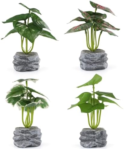 4Pcs Artificial Plants Mini Potted Lifelike Faux Greenery Cement Vase Decor