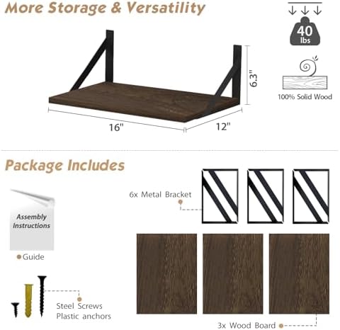 Forbena 12 Inch Deep Floating Shelves Set of 3 Heavy Duty Wall Shelves for Kitchen Storage