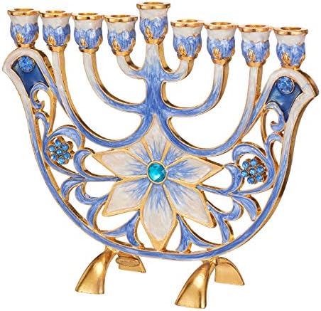 Matashi MTMNR13547 Hand Painted Ivory Menorah with Gold Accents and Blue Flowers