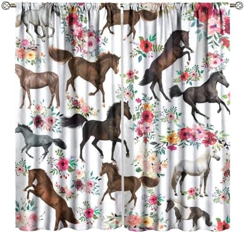 Girls Horse Blackout Curtains with Pink Flower Design