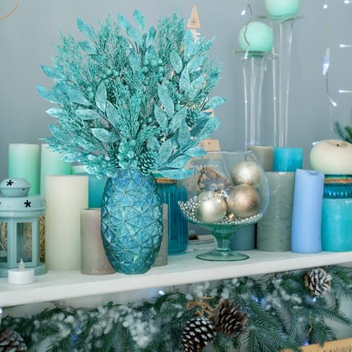 Winlyn 24 Pcs Teal Glitter Christmas Decoration Picks