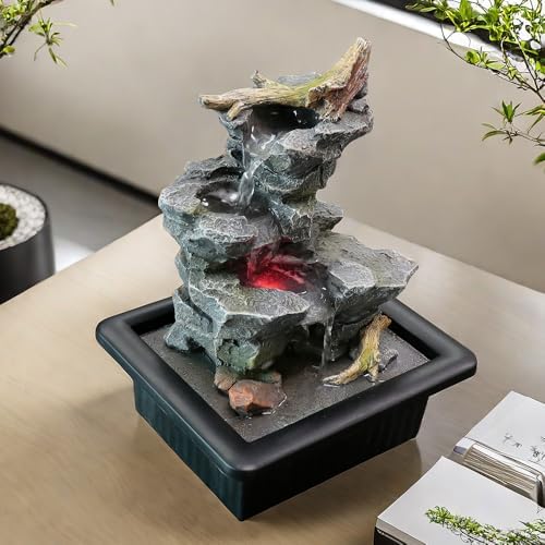 Rock Cascading Tabletop Water Fountain with LED Light Grey