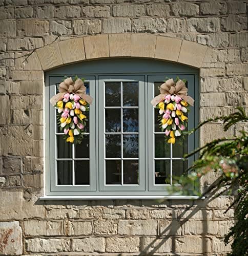 26 Inch Artificial Tulips Teardrop Swag with Burlap Bow
